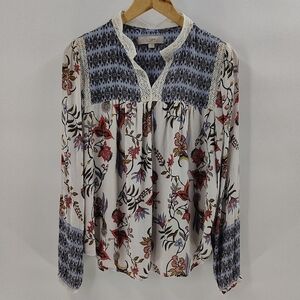 LOFT Blouse Women's Size Medium Blue V-Neck Brocode Lace Long Sleeve